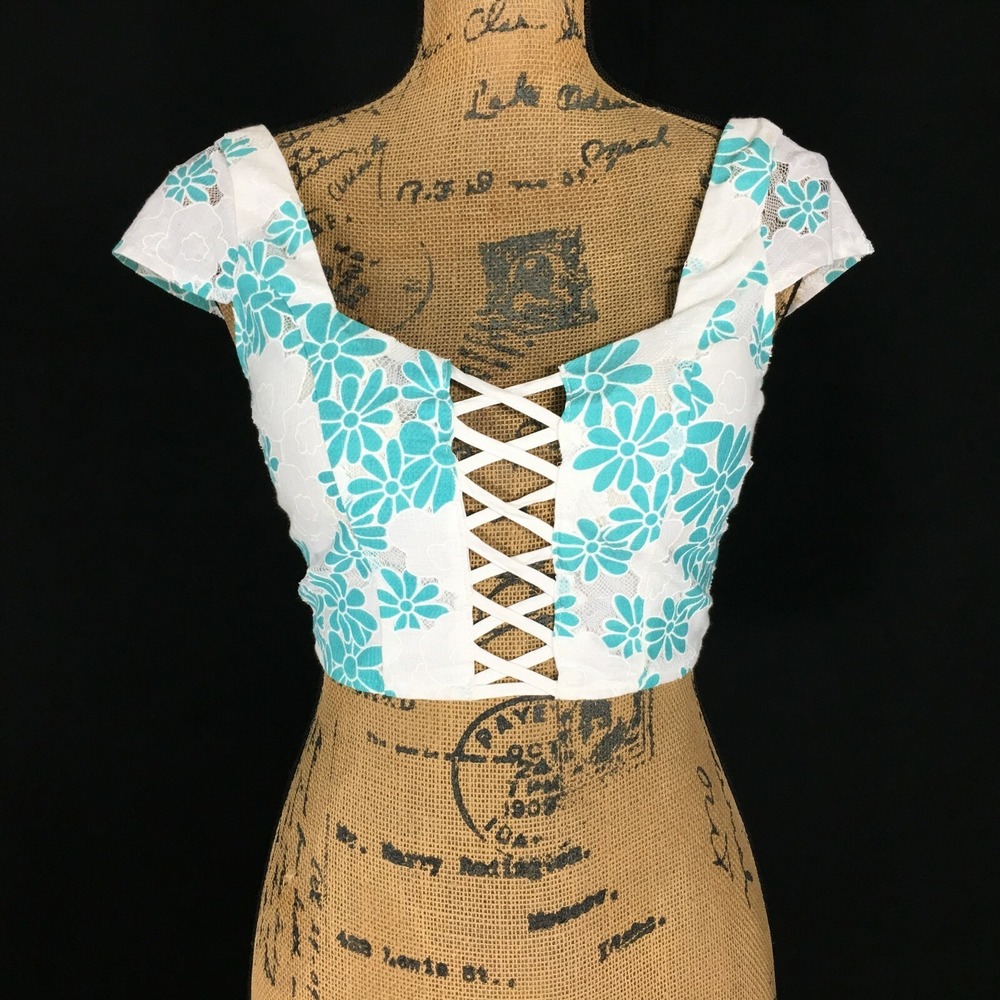 MOOLOOLA‎ Crop Top 8 White Turquoise Floral Mesh Lace Up Bow Tie Bra Sexy